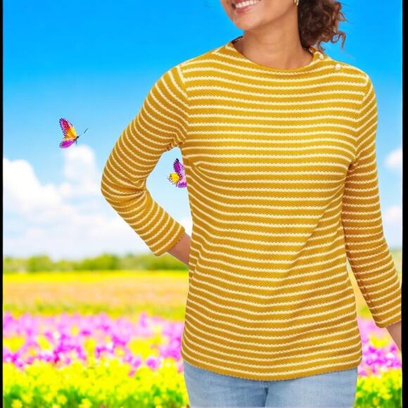TALBOTS MUSTARD 3/4 SLEEVE TEXTURED STRIPE FUNNEL NECK TOP 100% Cotton Large - Picture 1 of 5